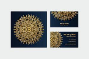 Gold business cards with flower oriental mandala free vector