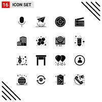 Group of 16 Solid Glyphs Signs and Symbols for clapperboard clapboard army board target Editable Vector Design Elements