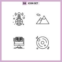 Mobile Interface Line Set of 4 Pictograms of world wide computer news mountains book Editable Vector Design Elements