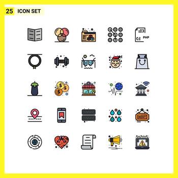 Pictogram Set of 25 Simple Filled line Flat Colors of development coding printing security passkey Editable Vector Design Elements