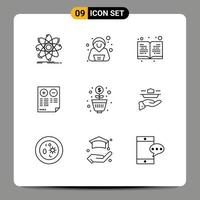 Pack of 9 Modern Outlines Signs and Symbols for Web Print Media such as profit minus book plus cons Editable Vector Design Elements