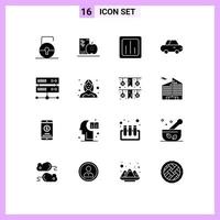 Modern Set of 16 Solid Glyphs Pictograph of database server roadster healthy car report Editable Vector Design Elements