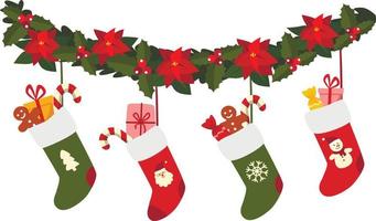 Hanging Christmas socks with presents. vector