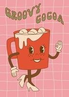 Comic groovy red cocoa mug with marshmallow in trendy cartoon style. For card, poster, print. vector