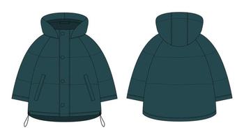 Ooversized raglan puffer winter down coat technical sketch. Dark green color. vector