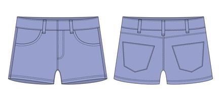 Denim short with pockets technical sketch. Cool blue color. Kids jeans shorts design template. vector