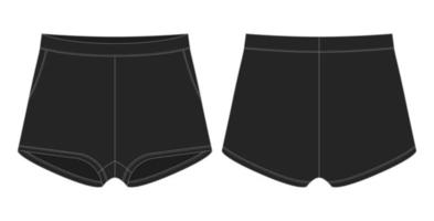 Blank shorts pants technical sketch design template. Black color. Casual shorts with pockets. vector