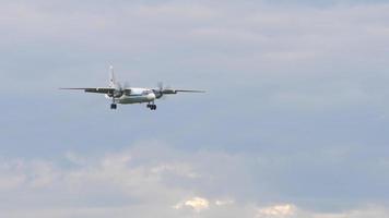 NOVOSIBIRSK, RUSSIAN FEDERATION JULY 15, 2022 - Airplane Antonov An 26 approaching before landing at Tolmachevo airport. Soviet military transport aircraft video