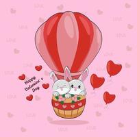 Vector valentine's day air balloon with cute bunnies, cute cartoon illustration