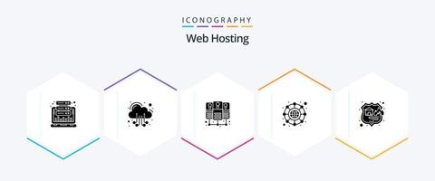 Web Hosting 25 Glyph icon pack including seo. firewall. web. network. connection vector