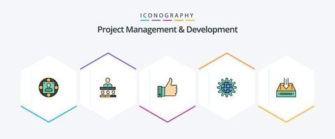 paquete de iconos de 25 líneas completas de gestión y desarrollo de proyectos que incluye equipo. desarrollar. oficina. negocio. me gusta vector