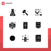 9 Solid Glyph concept for Websites Mobile and Apps application site watch kit globe stethoscope Editable Vector Design Elements