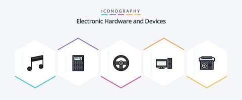 paquete de iconos de 25 dispositivos de línea completa que incluye equipo. servidor. controlador. ordenador personal. computadora vector