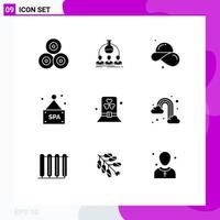 Group of 9 Modern Solid Glyphs Set for costume spa scientist sign straw hat Editable Vector Design Elements