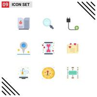 9 User Interface Flat Color Pack of modern Signs and Symbols of hourglass donation cord charity location Editable Vector Design Elements