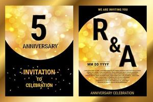 5th years birthday vector black paper luxury invitation double card. Wedding anniversary celebration brochure. Template of invitational for print hitam and gold background