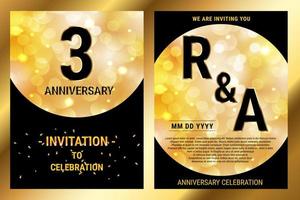 3th years birthday vector black paper luxury invitation double card. Wedding anniversary celebration brochure. Template of invitational for print hitam and gold background