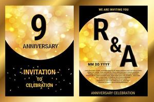 9th years birthday vector black paper luxury invitation double card. Wedding anniversary celebration brochure. Template of invitational for print hitam and gold background
