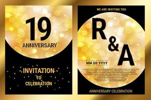 19th years Anniversary vector black paper luxury invitation double card. Wedding anniversary celebration brochure. Template of invitational for print black and gold background