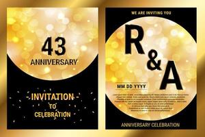 43th years Anniversary vector black paper luxury invitation double card. Wedding anniversary celebration brochure. Template of invitational for print black and gold background