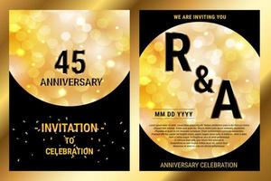 45th years Anniversary vector black paper luxury invitation double card. Wedding anniversary celebration brochure. Template of invitational for print black and gold background