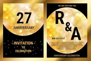 27th years birthday vector black paper luxury invitation double card. Wedding anniversary celebration brochure. Template of invitational for print black and gold background
