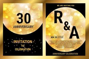 30th years birthday vector black paper luxury invitation double card. Wedding anniversary celebration brochure. Template of invitational for print black and gold background