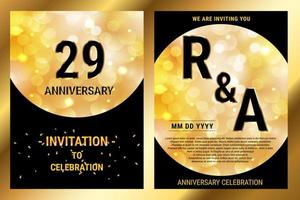 29th years birthday vector black paper luxury invitation double card. Wedding anniversary celebration brochure. Template of invitational for print black and gold background