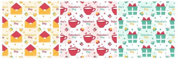 Set of Happy Valentine's Day Seamless Pattern Design with Decoration in Template Hand Drawn Cartoon Flat Illustration vector