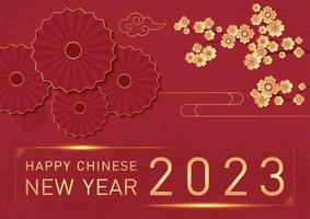 feliz año nuevo chino 2023. símbolo del zodiaco del conejo lunar. Elemento de diseño de ornamento oriental Ramas de flor de flor de sakura, abanico, nube estilo tradicional rojo y dorado moderno vector asiático de fondo.