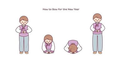 A boy wearing a hanbok is doing a traditional Korean greeting. How to do a traditional Korean bow. vector