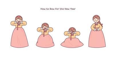 A girl wearing a hanbok is doing a traditional Korean greeting. How to do a traditional Korean bow. vector