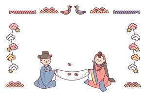 la novia y el novio en una boda tradicional coreana. diseño de tarjeta de invitación. vector