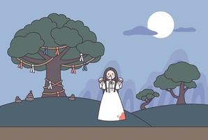 A night with a white moon. A ghost wearing a white hanbok stands in the mountain with a wooden shrine. vector
