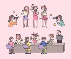 A girl idol is holding a fan meeting event. Fans take pictures of idols. They are having a conversation at the table. vector