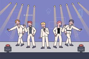 A boy group idol is performing on a fancy stage. They are dancing and singing on stage. vector