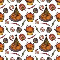 Vector Panasian food seamless pattern. Hand drawn sketch with asian food such as noodles, shrimps, gingers, dumplings, roast ducks, spicy soup, fried crabs.