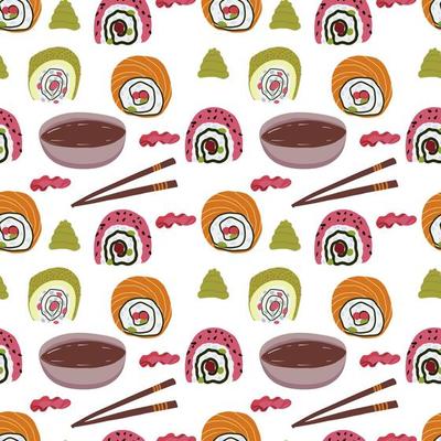 Vector Panasian food seamless pattern with asian food such as japanese sushi, lotus roots, gingers, mushrooms, vegetables, wasabi.