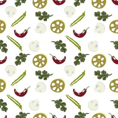 Vector Panasian food seamless pattern with asian food such as japanese sushi, lotus roots, gingers, mushrooms, vegetables, wasabi.