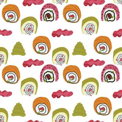 Vector Panasian food seamless pattern with asian food such as japanese sushi, lotus roots, gingers, mushrooms, vegetables, wasabi.