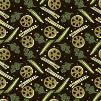 Vector Panasian food seamless pattern with asian food such as japanese sushi, lotus roots, gingers, mushrooms, vegetables, wasabi.