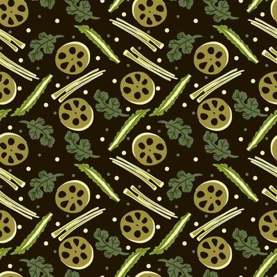 Vector Panasian food seamless pattern with asian food such as japanese sushi, lotus roots, gingers, mushrooms, vegetables, wasabi.