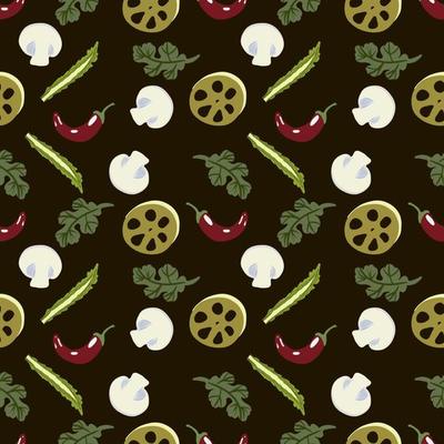 Vector Panasian food seamless pattern with asian food such as japanese sushi, lotus roots, gingers, mushrooms, vegetables, wasabi.