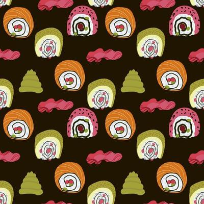 Vector Panasian food seamless pattern with asian food such as japanese sushi, lotus roots, gingers, mushrooms, vegetables, wasabi.