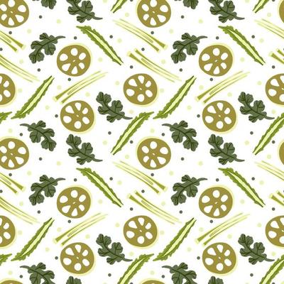 Vector Panasian food seamless pattern with asian food such as japanese sushi, lotus roots, gingers, mushrooms, vegetables, wasabi.