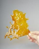 big piece cannabis golden shatter, hard cured resin in hand, celebration wax day 710 photo