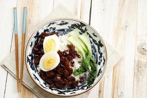 Lu Rou Fan, Braised Pork with Chinese Five Spice and Soy Sauce. Served with Bok Choy and Eggs photo