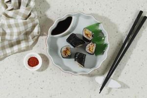 Top View Mini Sushi with Egg and Beef Floss photo