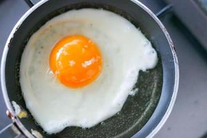 Fried eggs in the pan close up , photo