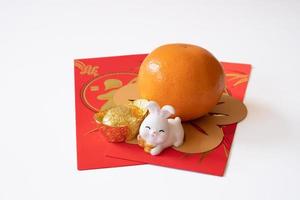 Chinese New Year of the rabbit festival concept. Mandarin orange,  rabbit and gold ingot isolated on white background. photo